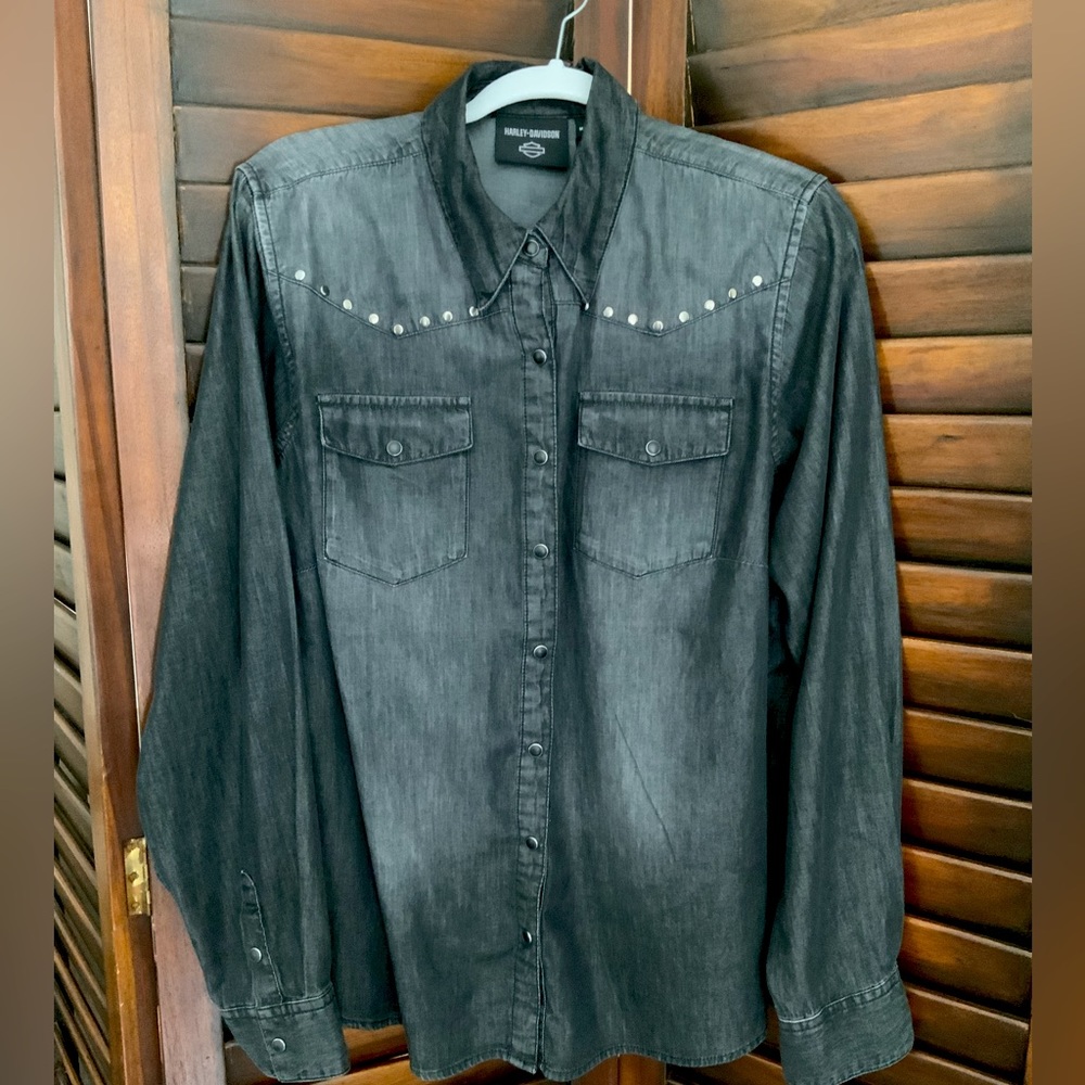 Harley Davidson Button Up Black Denim Women’s Top